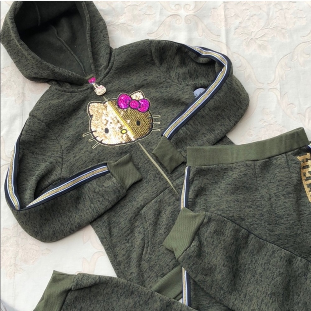 Hello Kitty Olive & Gold Knit Hooded Jacket & Pants Set